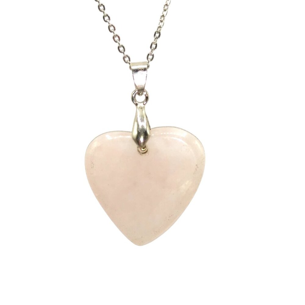 Rose Quartz Heart Pendant Necklace on 18K White Gold Plate Bale, Pink Natural